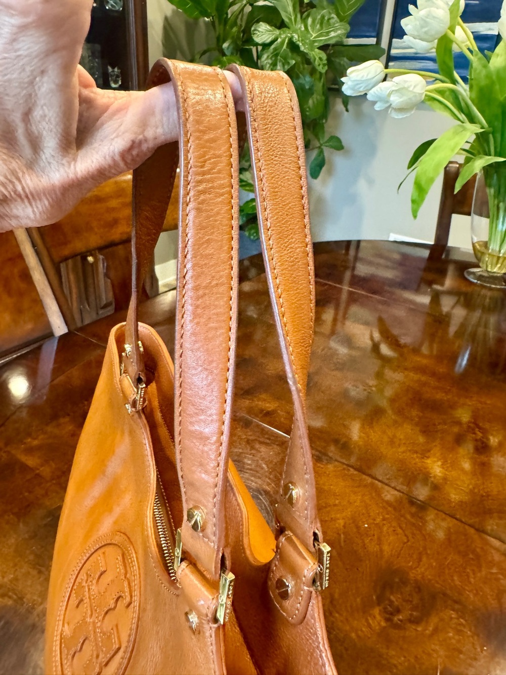 Tory Burch Cognac Leather Logo Tote - Picture 8 of 16